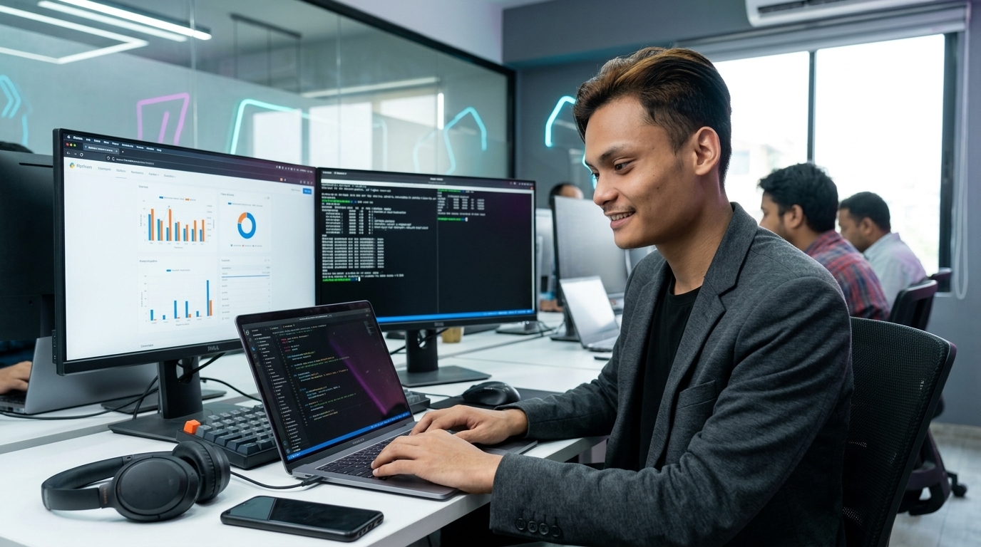 Preview pembangunan website pada skrin coding